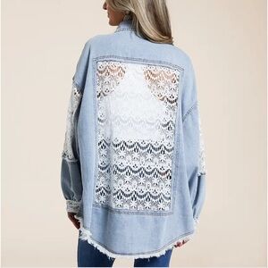 POL M Lace and Denim Oversized Cotton Jacket Top